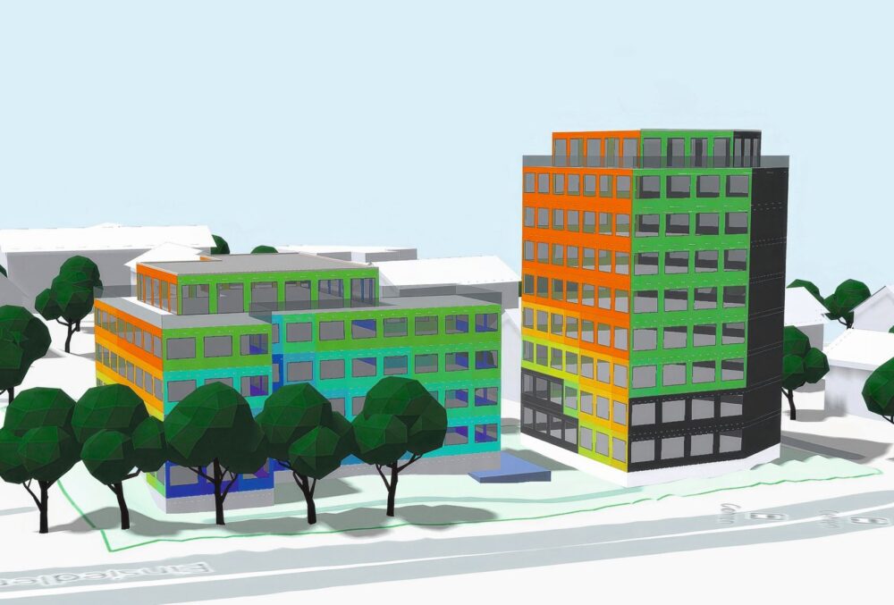 Farbliche Darstellung der Sonneneinstrahlung. Beim rechten Gebäude zeigt das Tool in schwarz alle Kacheln mit Sonneneinstrahlung von weniger als beispielsweise 570 kWh/m2. An diesen Stellen können etwa Dummy-Module installiert werden.